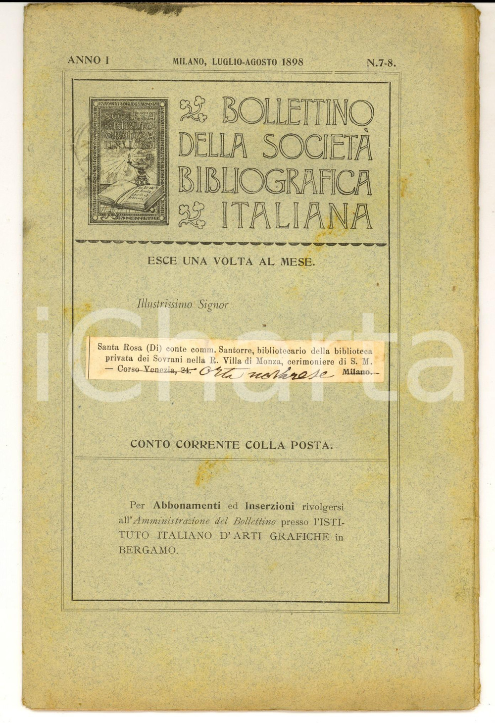 Giornale, rivista storica 1898 Bollettino SOCIETA  BIBLIOGRAFICA ITALIANA Riunione di Torino nÂ° 78 1