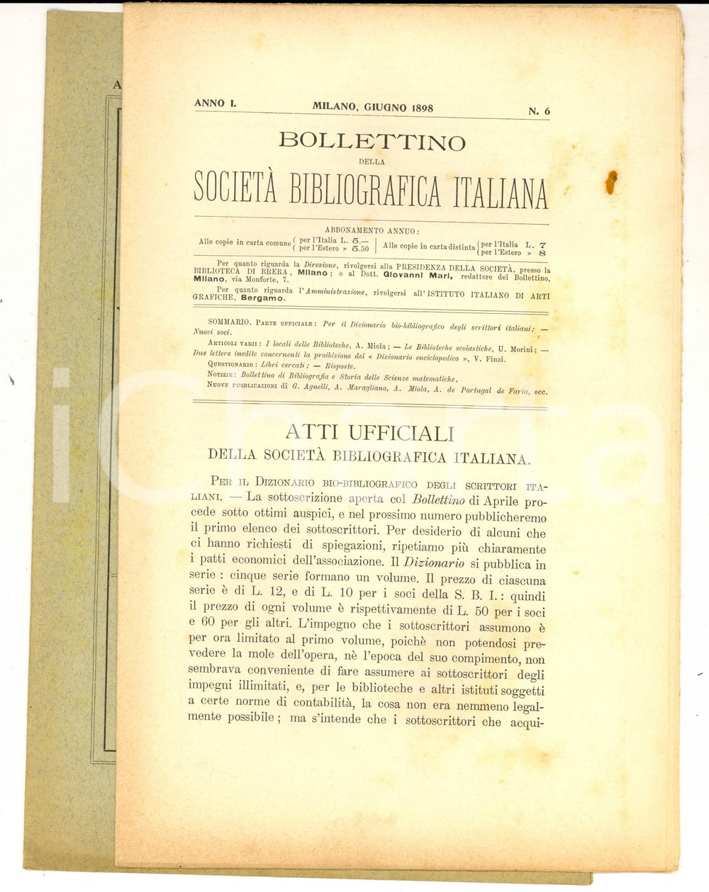 Giornale, rivista storica 1898 Bollettino SOCIETA  BIBLIOGRAFICA ITALIANA Locali delle biblioteche nÂ° 6 1