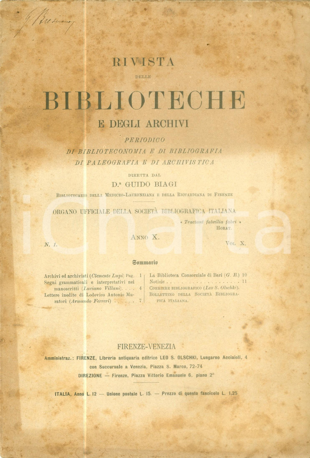 Giornale, rivista storica 1899 RIVISTA BIBLIOTECHE E ARCHIVI Clemente LUPI Archivi ed archivisti 1
