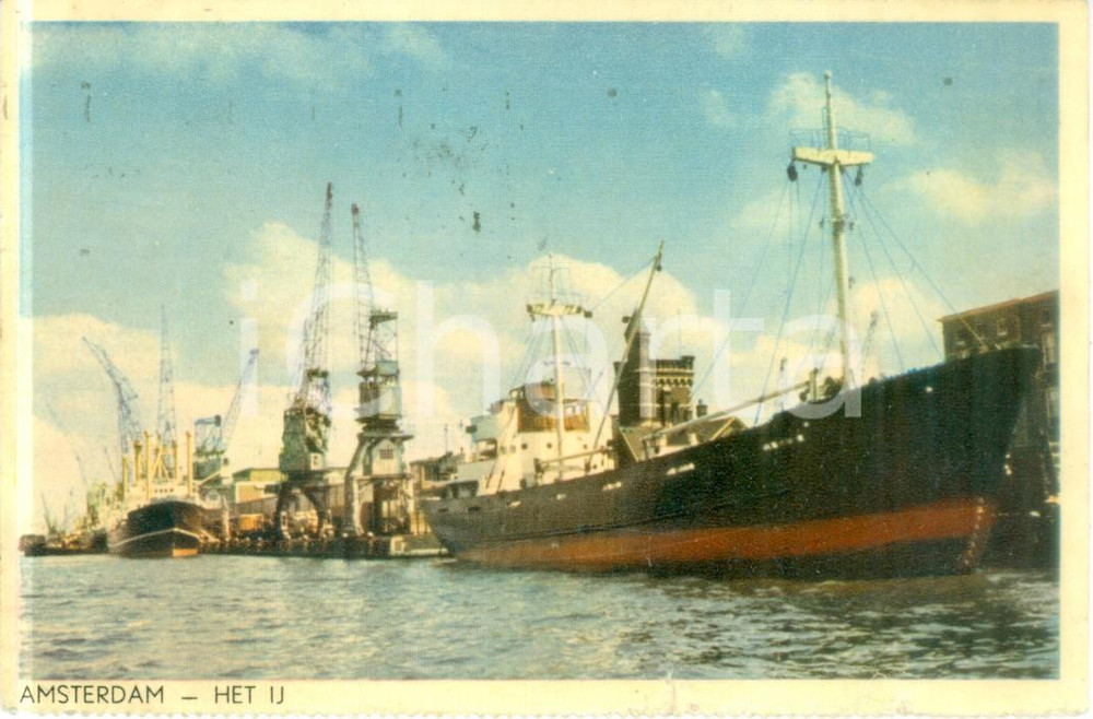 Cartolina originale da collezione 1958 AMSTERDAM OLANDA Navi e gru sul lago IJ Cartolina DANNEGGIATA FP VG 1