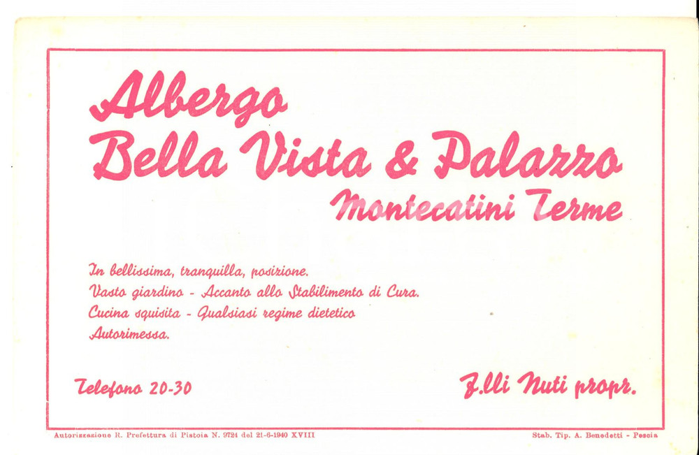 Materiale pubblicitario d’epoca 1940 MONTECATINI TERME Albergo BELLA VISTA & PALAZZO Carta assorbente 22x14 1