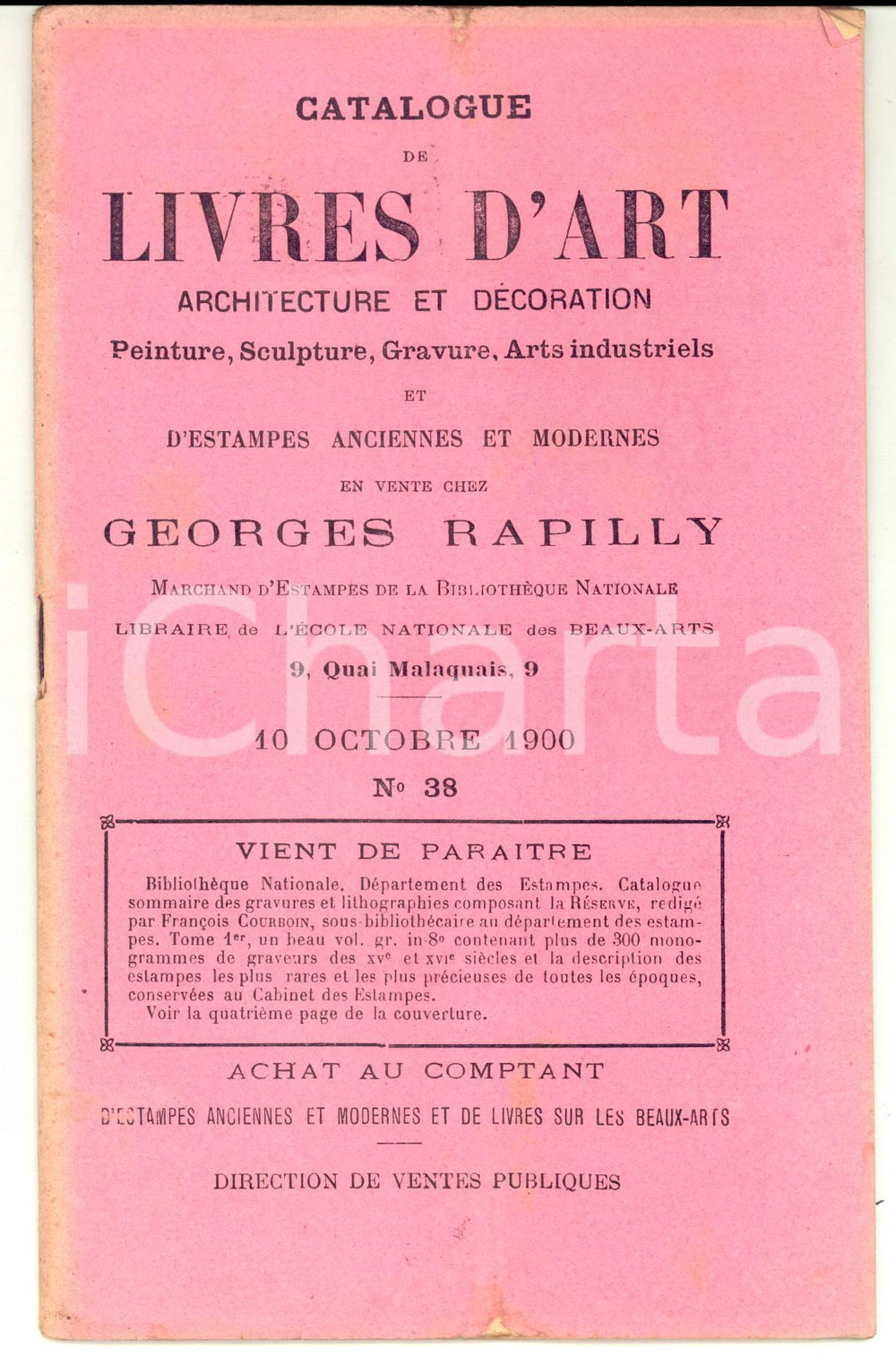 Libro, pubblicazione d epoca 1900 PARIS Librairie GEORGES RAPILLY Catalogue de livres d art et estampes n°38 1