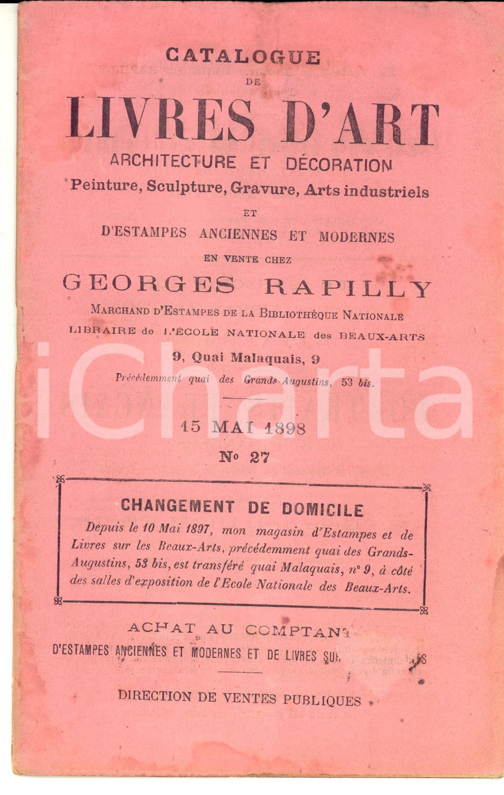 Libro, pubblicazione d epoca 1898 PARIS Librairie GEORGES RAPILLY Catalogue de livres d art et estampes n°27 1