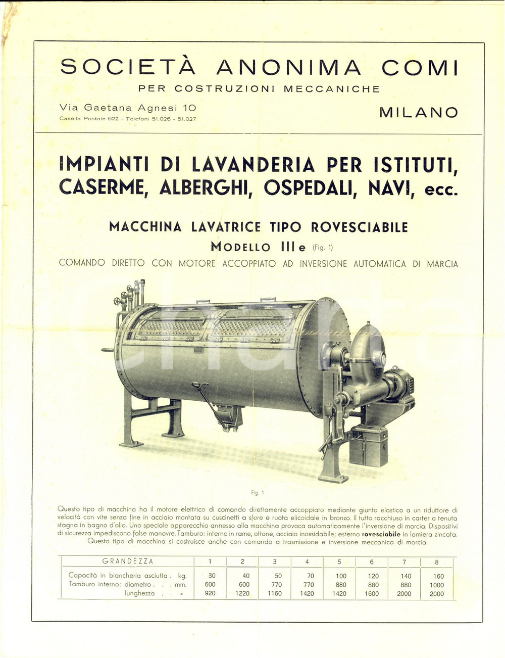 Materiale pubblicitario d’epoca 1940 MILANO Società Anonima COMI Impianti lavanderia per istituti PUBBLICITARIO 1