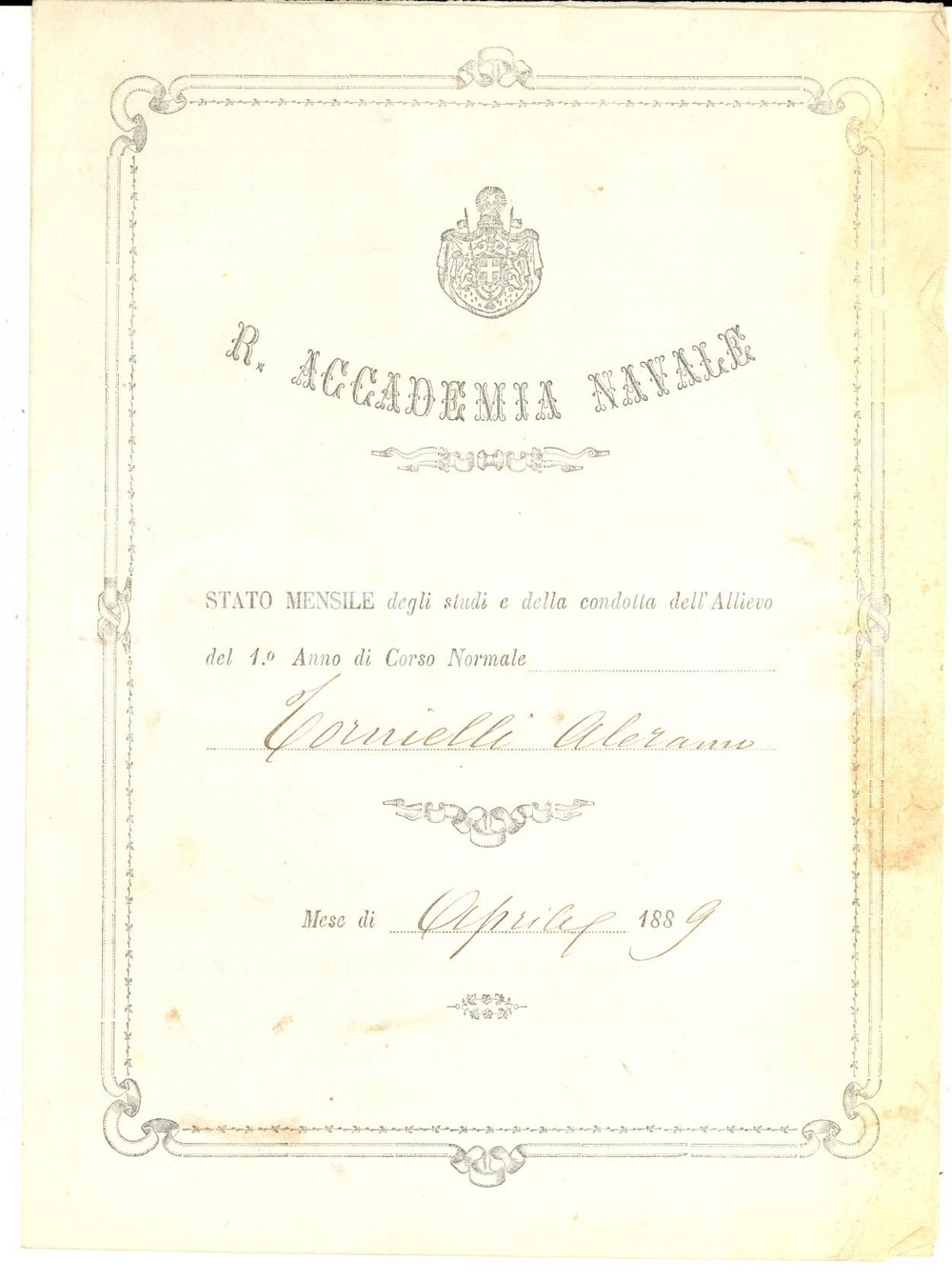 Documento originale, autentico 1889 LIVORNO Regia Accademia Navale  Stato mensile studi di Aleramo TORNIELLI 1