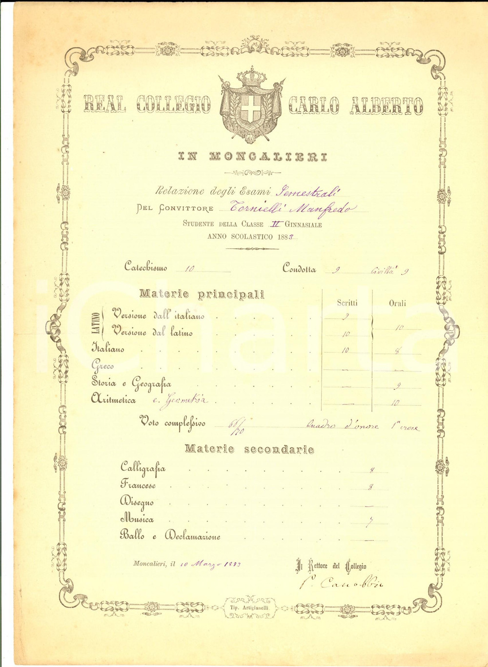 Documento originale, autentico 1883 MONCALIERI TO Real Collegio CARLO ALBERTO Risultati Manfredo TORNIELLI 1