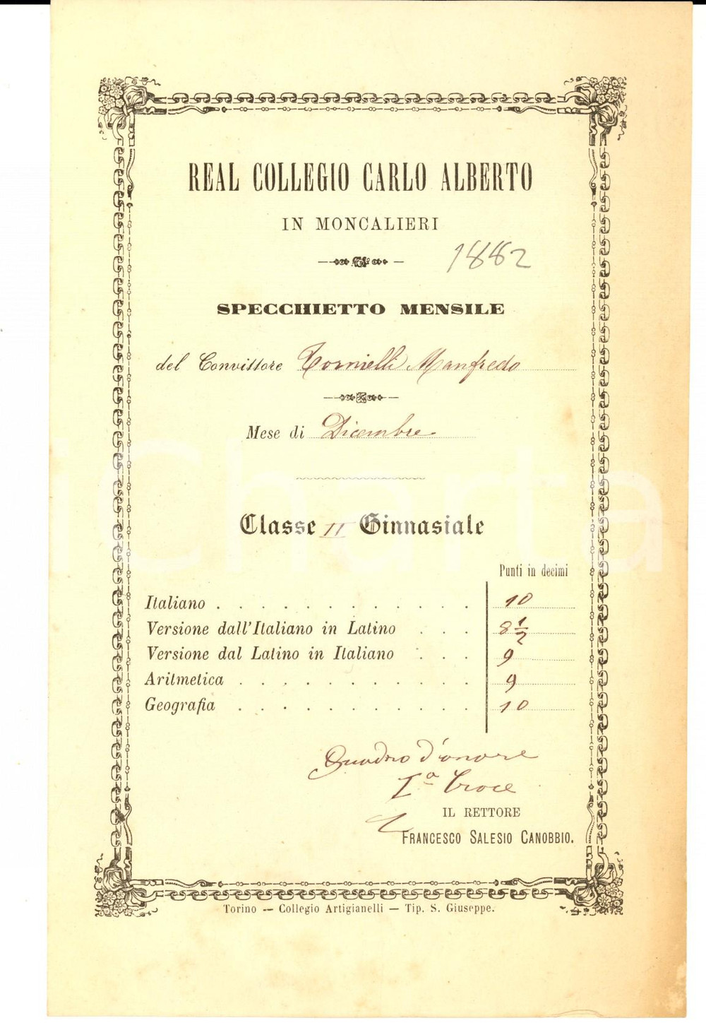 Documento originale, autentico 1882 MONCALIERI Collegio CARLO ALBERTO Specchietto mensile Manfredo TORNIELLI 1