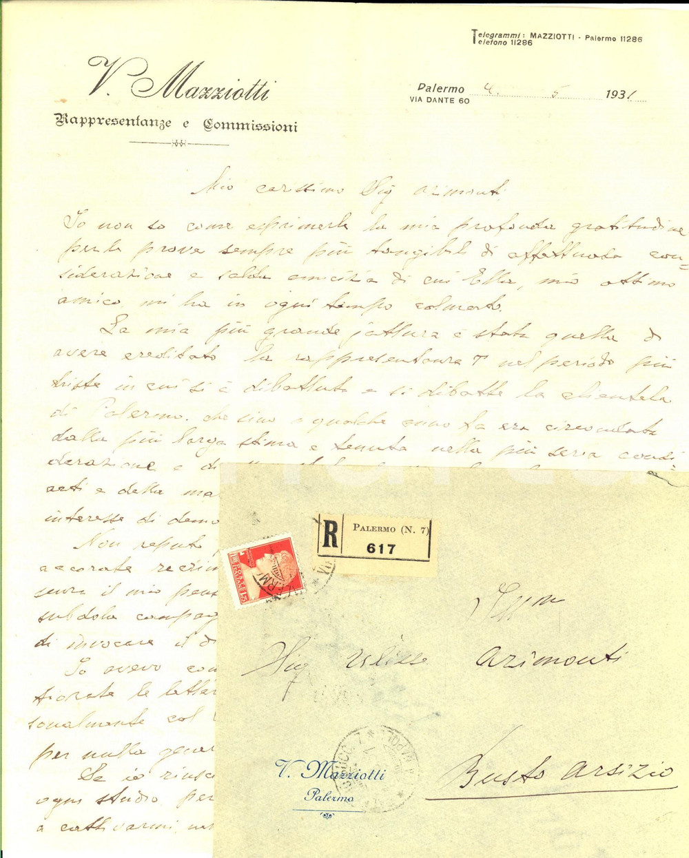 Manoscritto, lettera originale 1931 PALERMO Rappresentante V. MAZZIOTTI lieto di avere ereditato la clientela 1