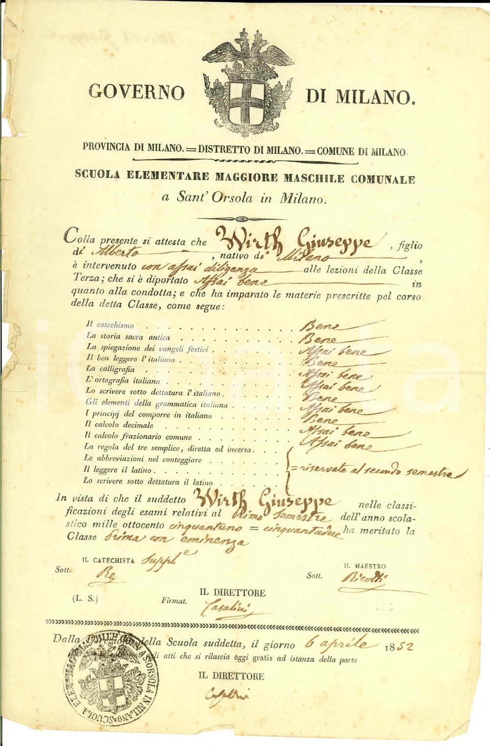 Oggetto da collezione cartaceo 1852 MILANO Scuola Elementare Maschile SANT ORSOLA Pagella Giuseppe WIRTH 1