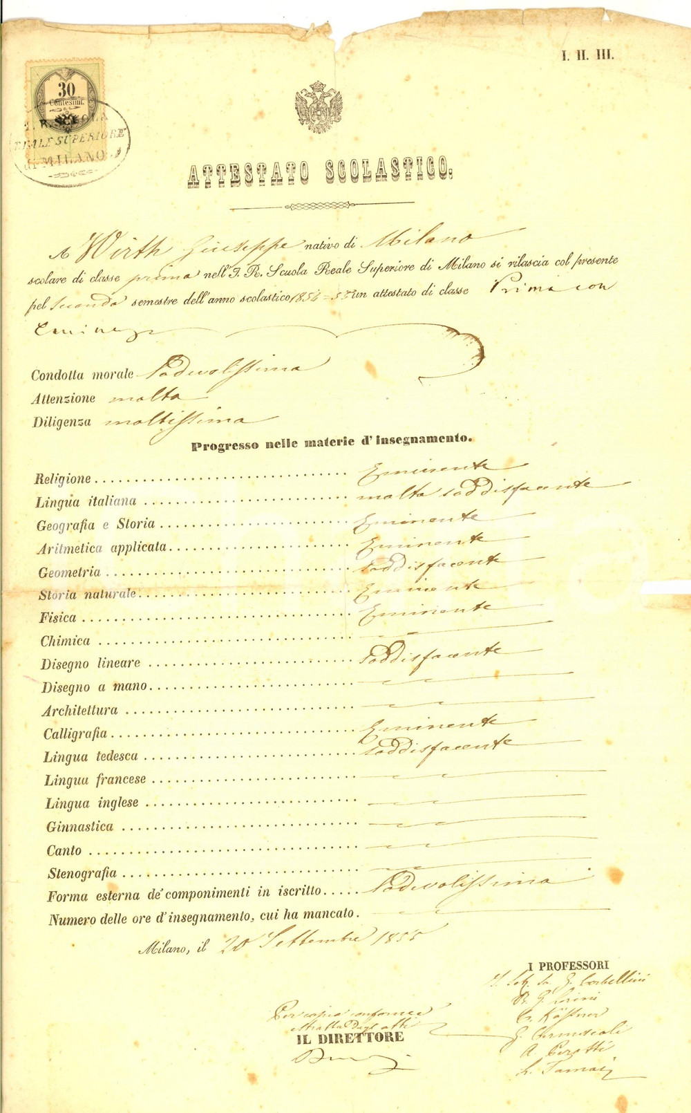 Oggetto da collezione cartaceo 1855 MILANO Scuola Reale Superiore Attestato scolastico Giuseppe WIRTH 1