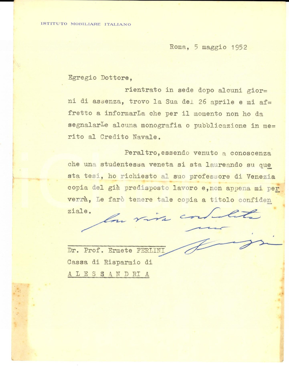 Autografo originale 1952 ROMA Istituto Mobiliare Italiano  Achille BRIZZI su studi Credito Navale 1