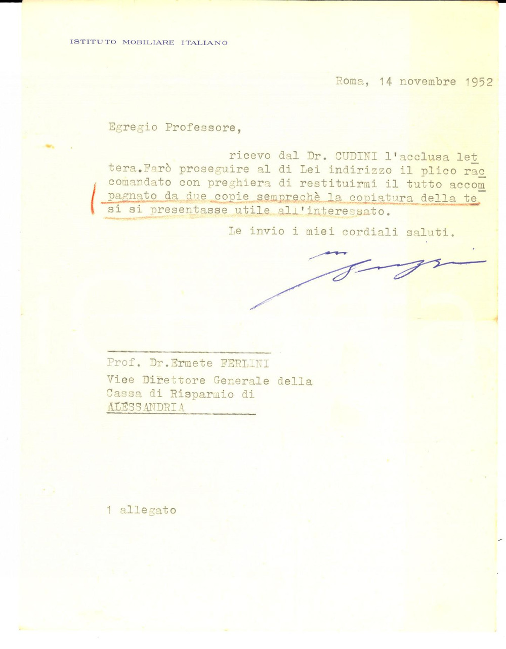 Autografo originale 1952 ROMA Istituto Mobiliare Italiano  Lettera Achille BRIZZI su copiatura tesi 1