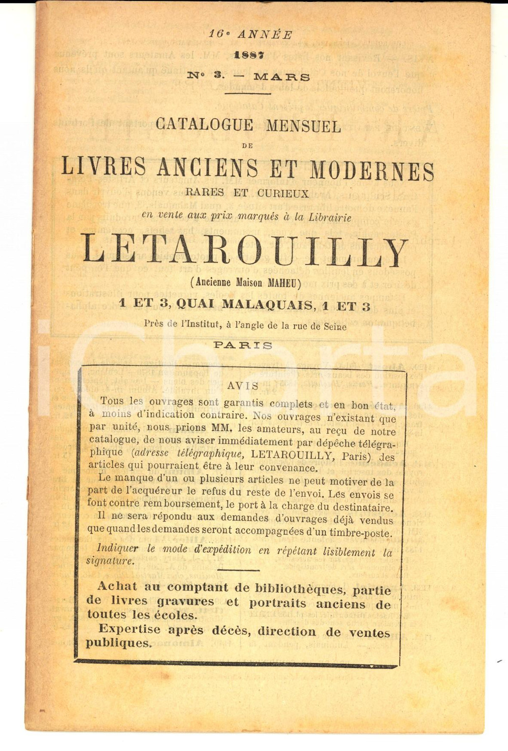1887 PARIS Librairie LETAROUILLY Catalogue livres anciens et modernes nÂ°3 CONDIZIONI: fair     originale e autentica 1
