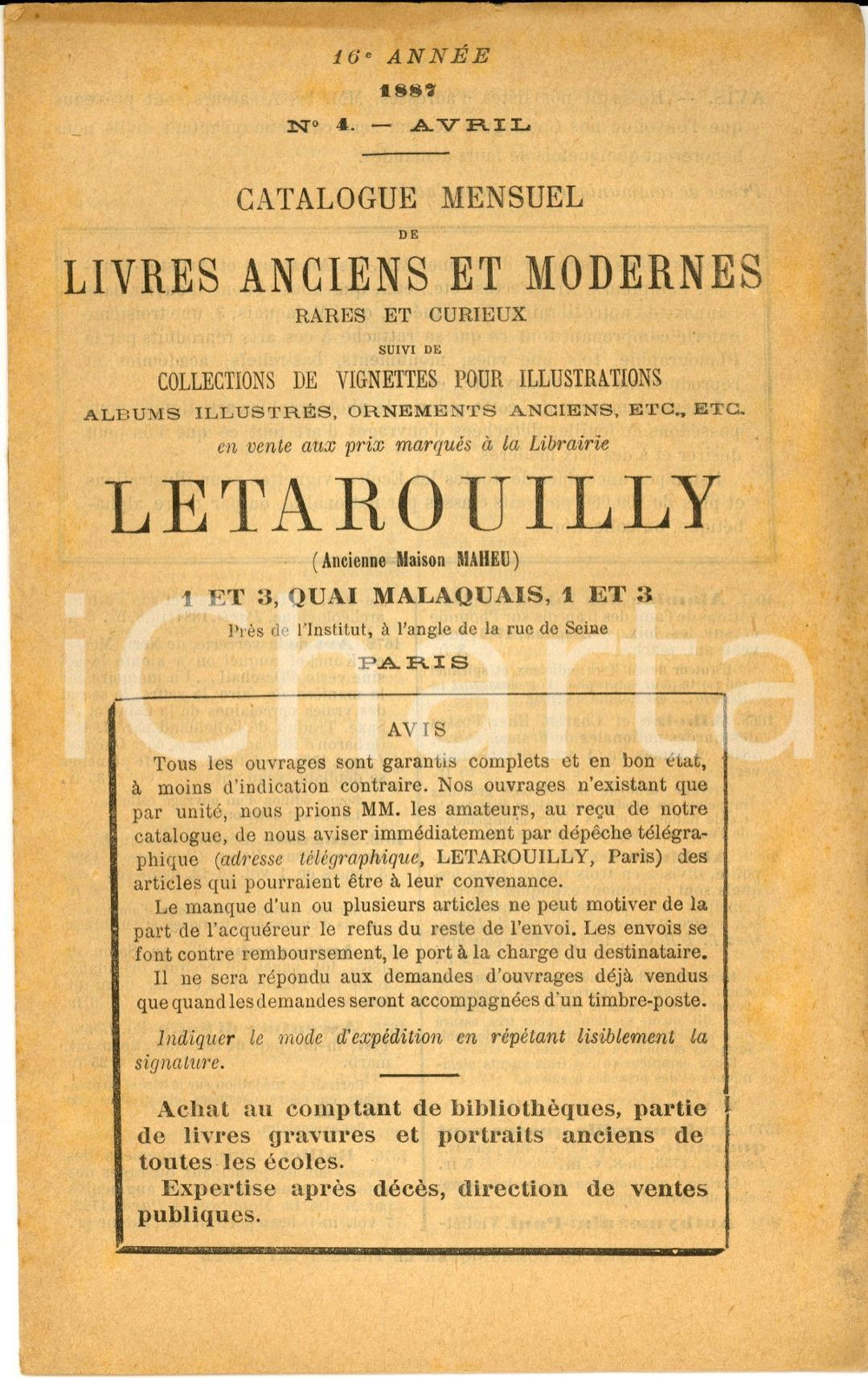 Libro, pubblicazione d epoca 1887 PARIS Librairie LETAROUILLY Catalogue livres anciens et modernes n°4 1