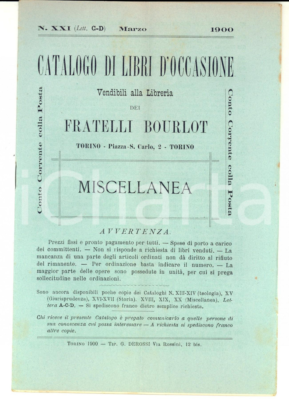 Libro, pubblicazione d epoca 1900 TORINO Catalogo libreria FRATELLI BOURLOT Libri occasione n°XXI Miscellanea 1