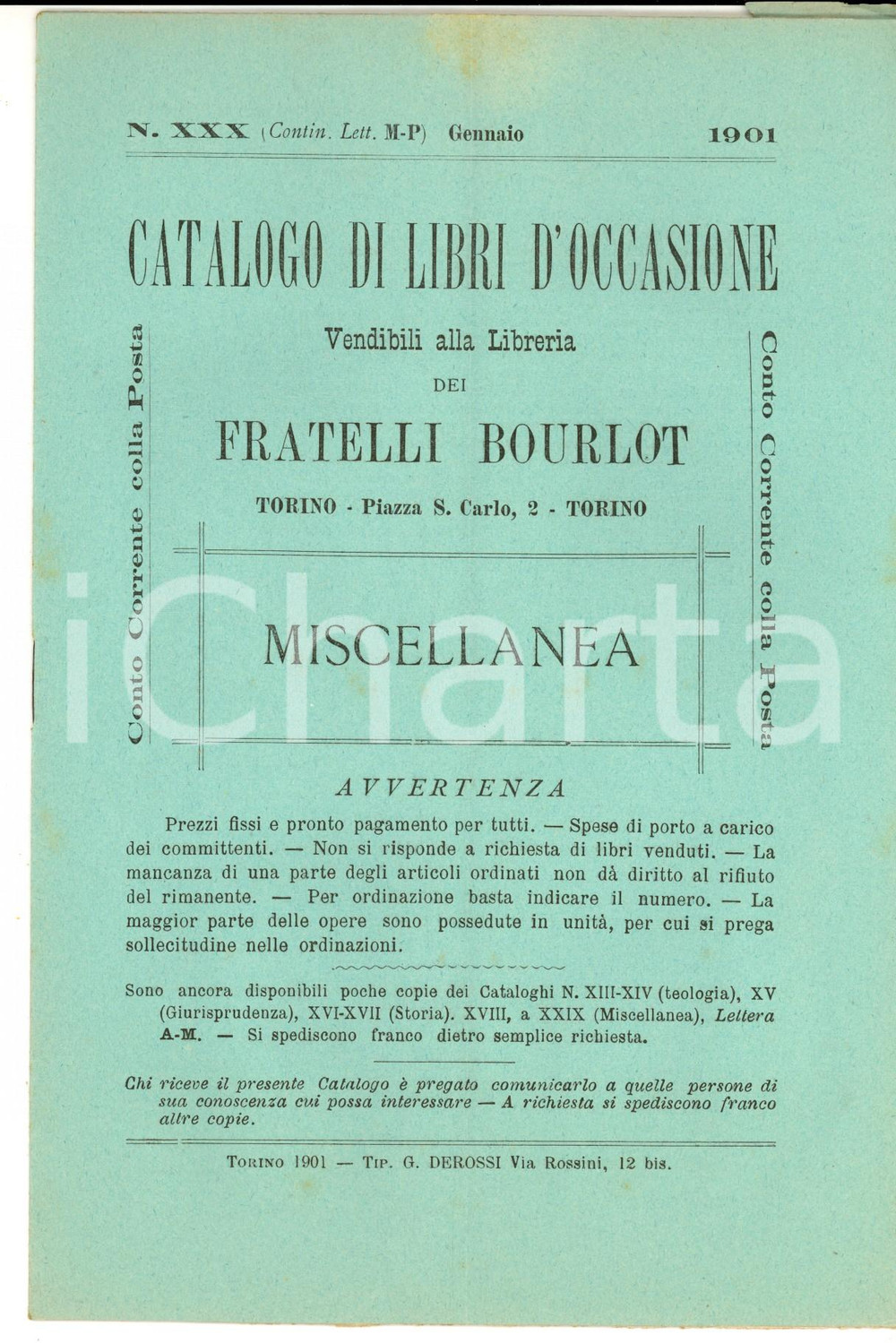 Libro, pubblicazione d epoca 1901 TORINO Catalogo libreria FRATELLI BOURLOT Libri occasione n°XXX Miscellanea 1