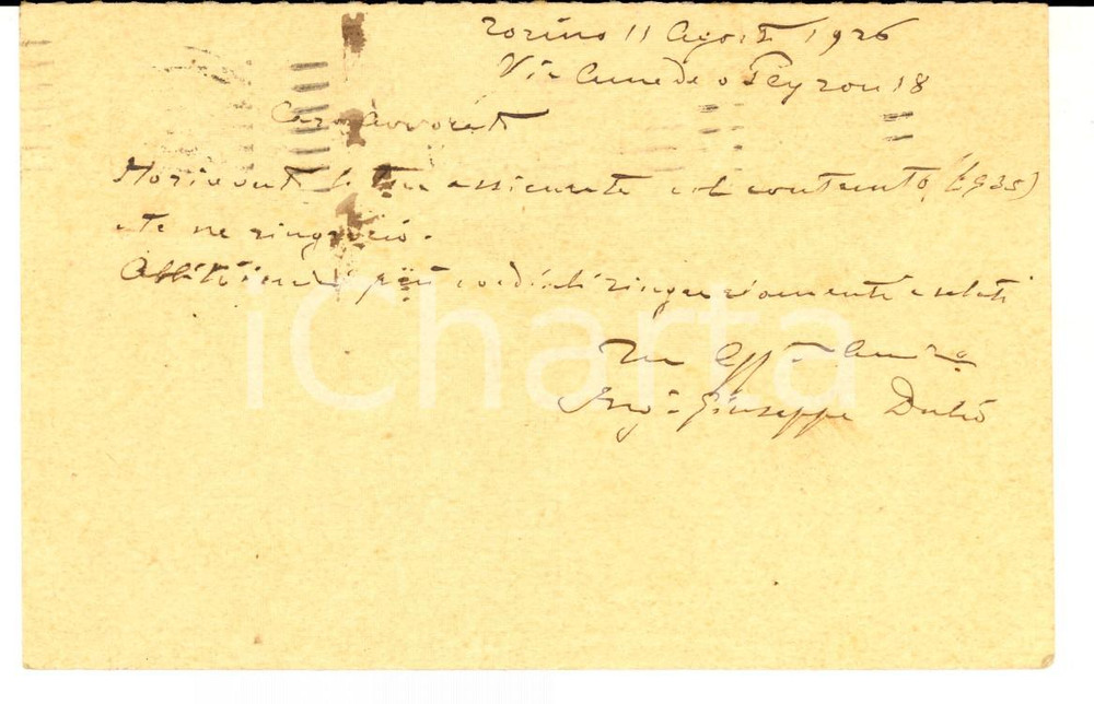 Autografo originale 1926 TORINO Ing. Giuseppe DULIO ringrazia per assicurata Cartolina postale 1