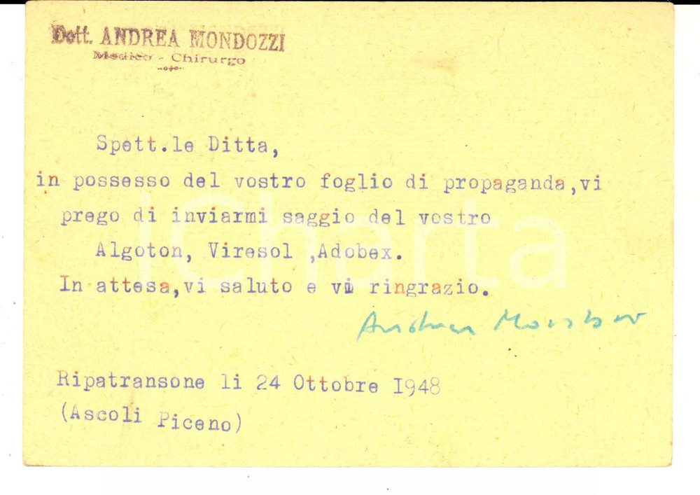 Cartolina originale da collezione 1948 RIPATRANSONE AP Medico Andrea MONDOZZI chiede saggio Cartolina postale 1