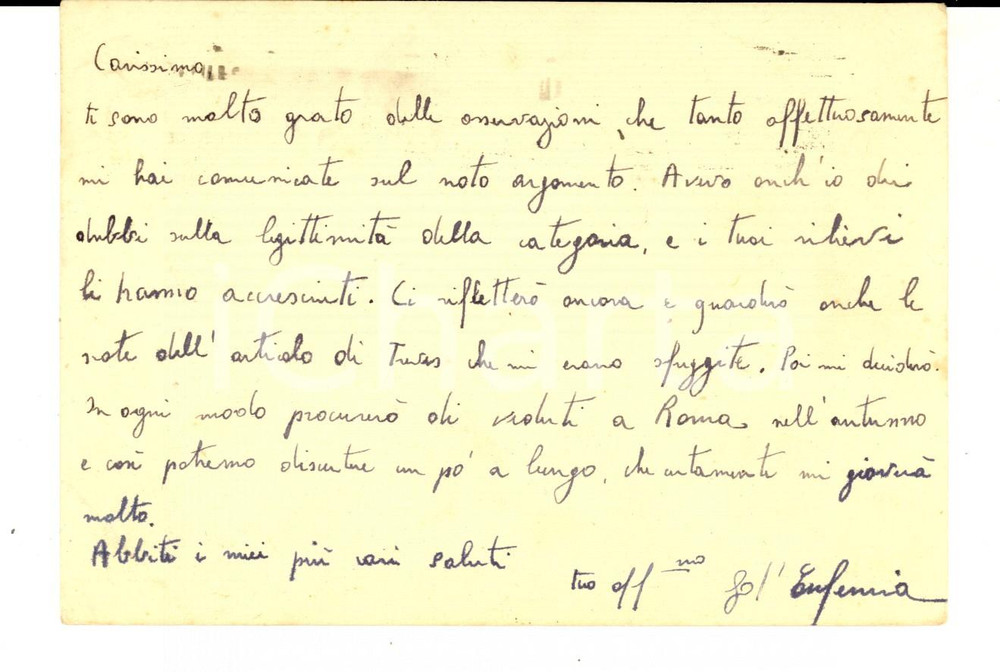 Autografo originale 1942 MESSINA Facoltà di Giurisprudenza  Cartolina Giuseppe D EUFEMIA Autografo 1