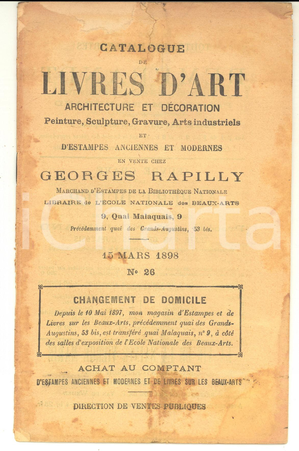 Libro, pubblicazione d epoca 1898 PARIS Librairie GEORGES RAPILLY Catalogue de livres d art nÂ°26  DAMAGED 1