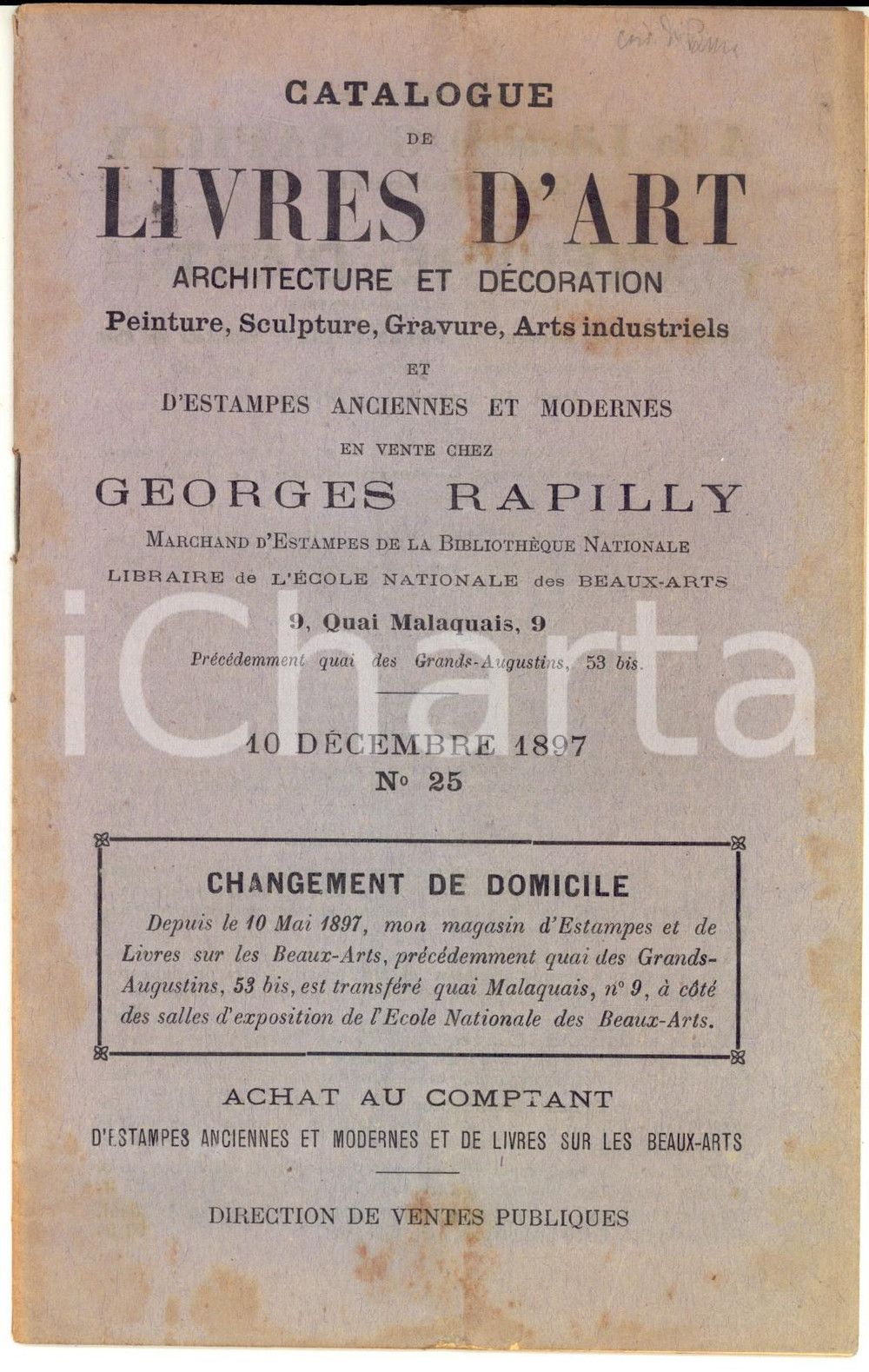 1897 PARIS Librairie GEORGES RAPILLY Catalogue de livres d'art et estampes nÂ°25 CONDIZIONI: poor     originale e autentica 1