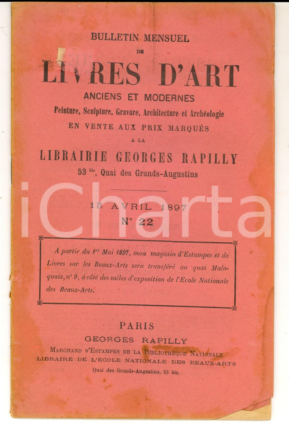 Giornale, rivista storica 1897 PARIS Librairie GEORGES RAPILLY Catalogue de livres d art et estampes n°22 1