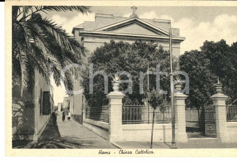 Cartolina originale da collezione 1930 ca HOMS LIBIA Chiesa cattolica Cartolina ANIMATA FP NV ed. TAYAR 1