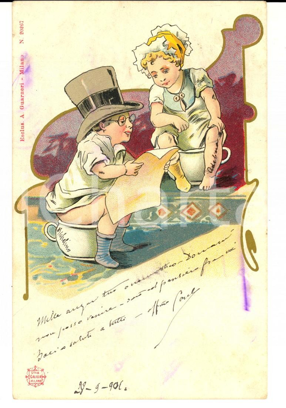 Cartolina originale da collezione 1901 GENOVA Una dotta lettura sul vasino Cartolina SATIRICA ILLUSTRATA 1