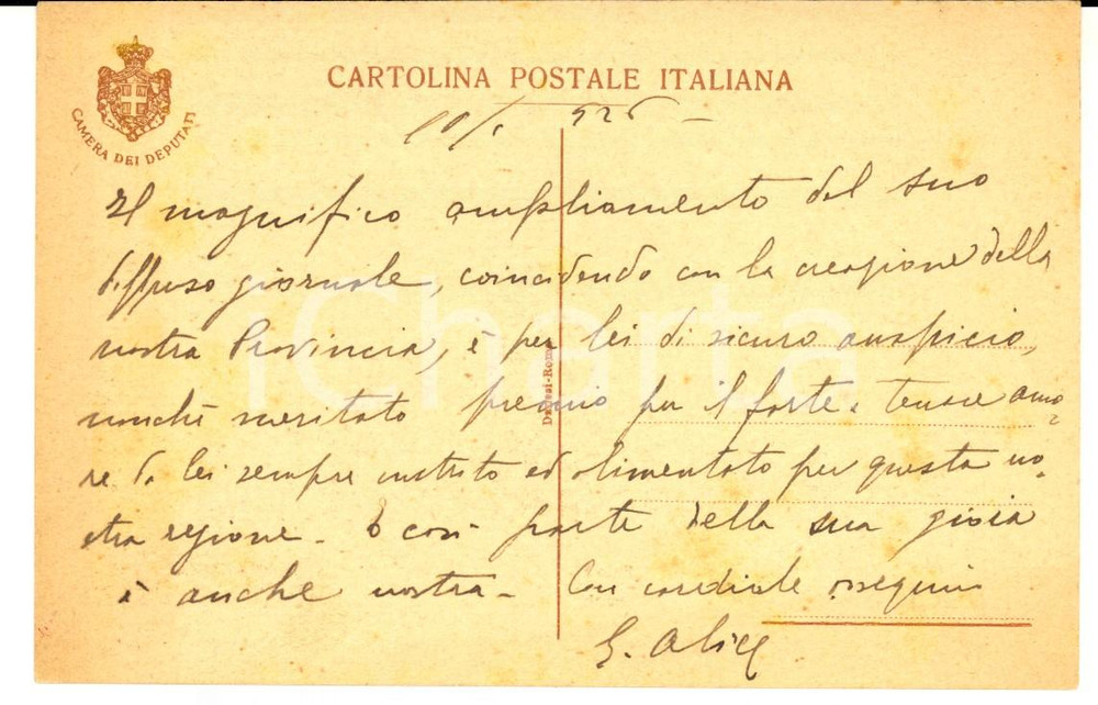 Autografo originale 1926 ROMA On. Giovanni ALICE si congratula per un giornale Cartolina AUTOGRAFA 1