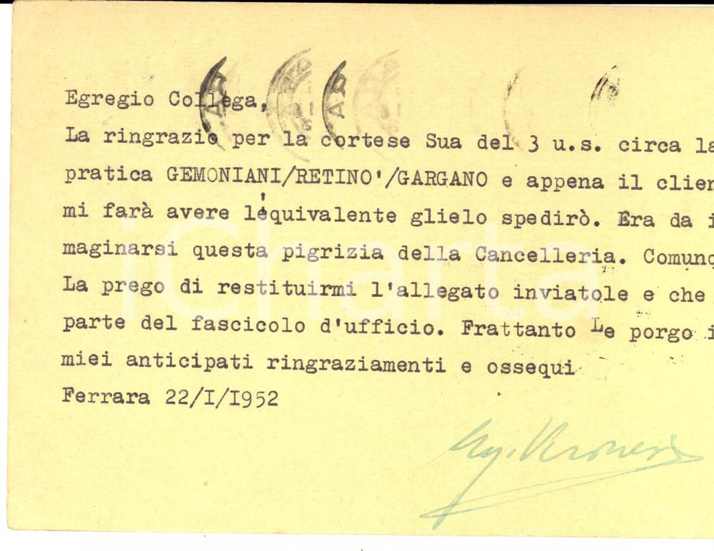 Autografo originale 1952 FERRARA Cartolina avv. Ugo VERONESI a un collega AUTOGRAFO FG VG 1