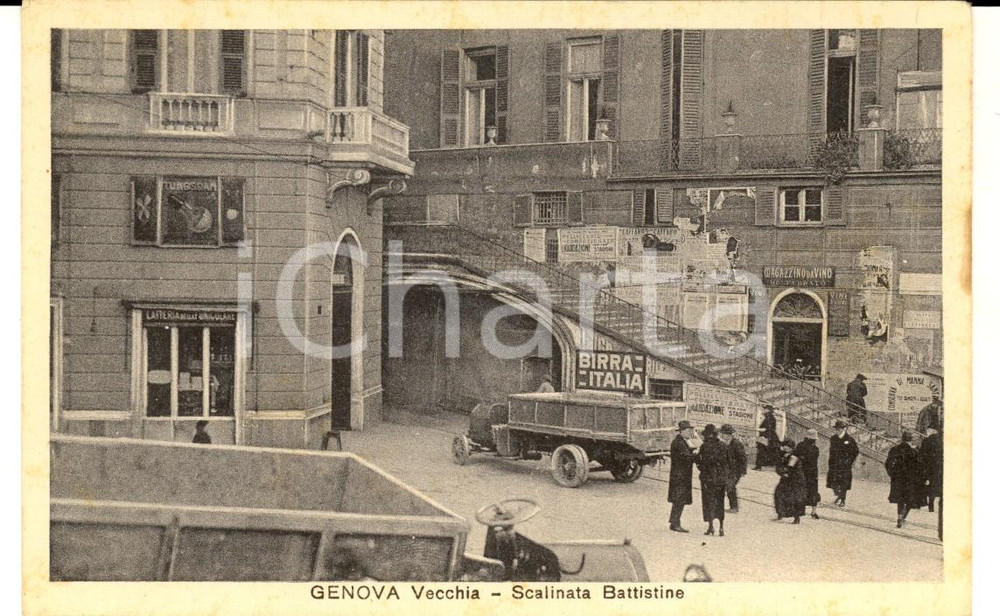 Cartolina originale da collezione 1910 ca GENOVA Scalinata BATTISTINE PubblicitÃ  BIRRA ITALIA Cartolina FP NV 1