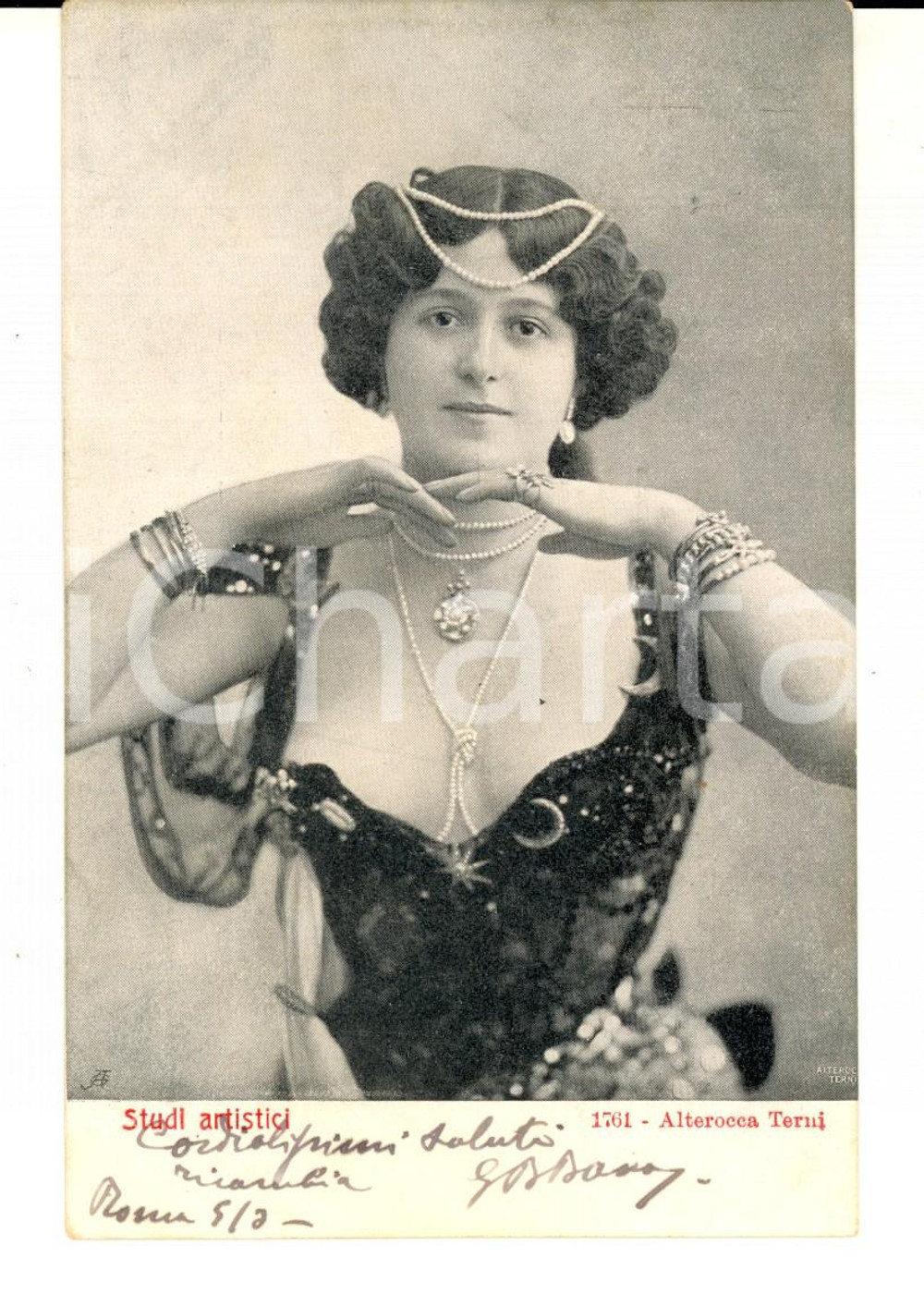 Cartolina originale da collezione 1900 COSTUMI Attrice scollata con perle e costume zodiacale Cartolina VINTAGE 1