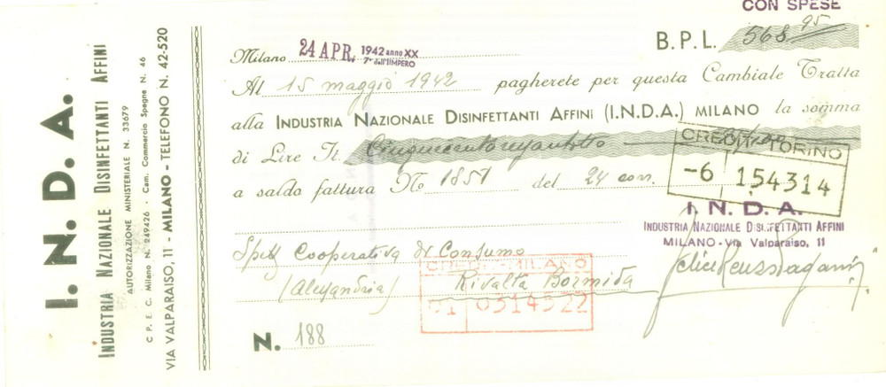 Documento originale, autentico 1942 MILANO industria Nazionale Disinfettanti Affini I.N.D.A. Cambiale 1