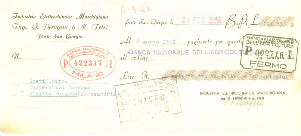 Documento originale, autentico 1942 PORTO SAN GIORGIO FM Industria elettrochimica PERUGINI & FELSI Cambiale 1