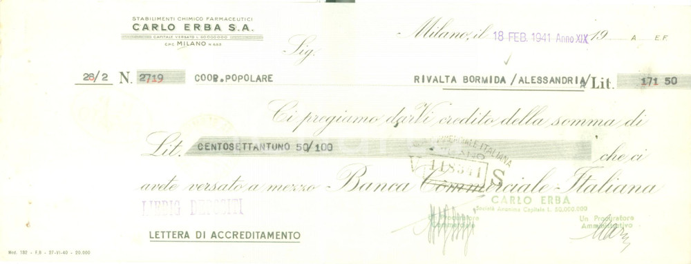 Documento originale, autentico 1941 MILANO Stabilimenti chimici farmaceutici CARLO ERBA S.A. Accreditamento 1