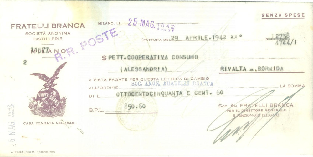 Documento originale, autentico 1941 MILANO Fratelli BRANCA Società an. distillerie Cambiale pubblicitaria 3 1