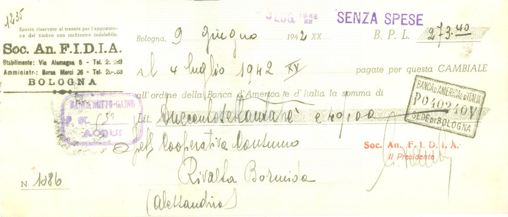 Documento originale, autentico 1942 BOLOGNA SocietÃ  Anonima F.I.D.I.A. Cambiale pubblicitaria 1