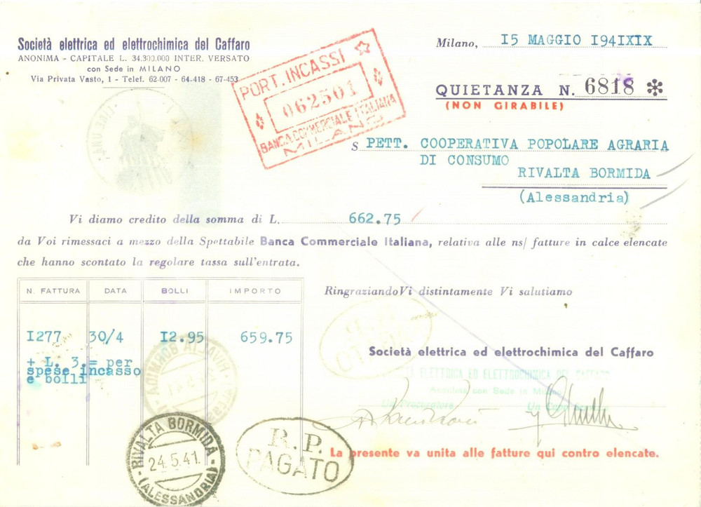 Documento originale, autentico 1941 MILANO SocietÃ  elettrica elettrochimica del CAFFARO Documento 1
