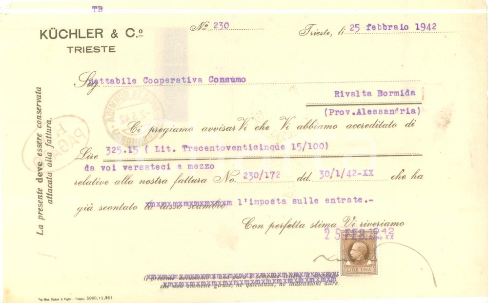 Documento originale, autentico 1942 TRIESTE Ditta KUCHLER & Co. Lettera di accreditamento 1