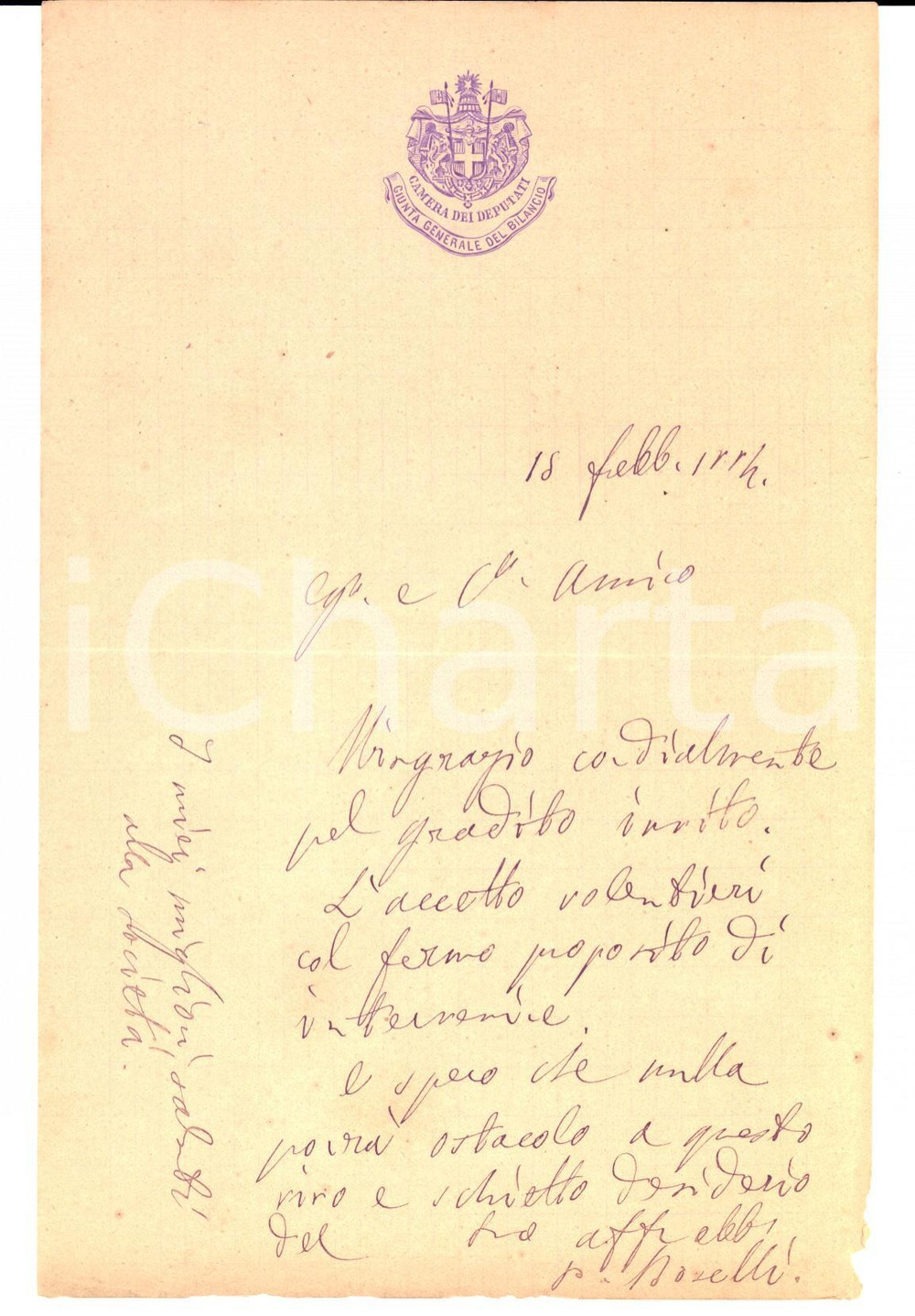 Autografo originale 1884 ROMA On. Paolo BOSELLI ringrazia per un invito a una conferenza AUTOGRAFO 1