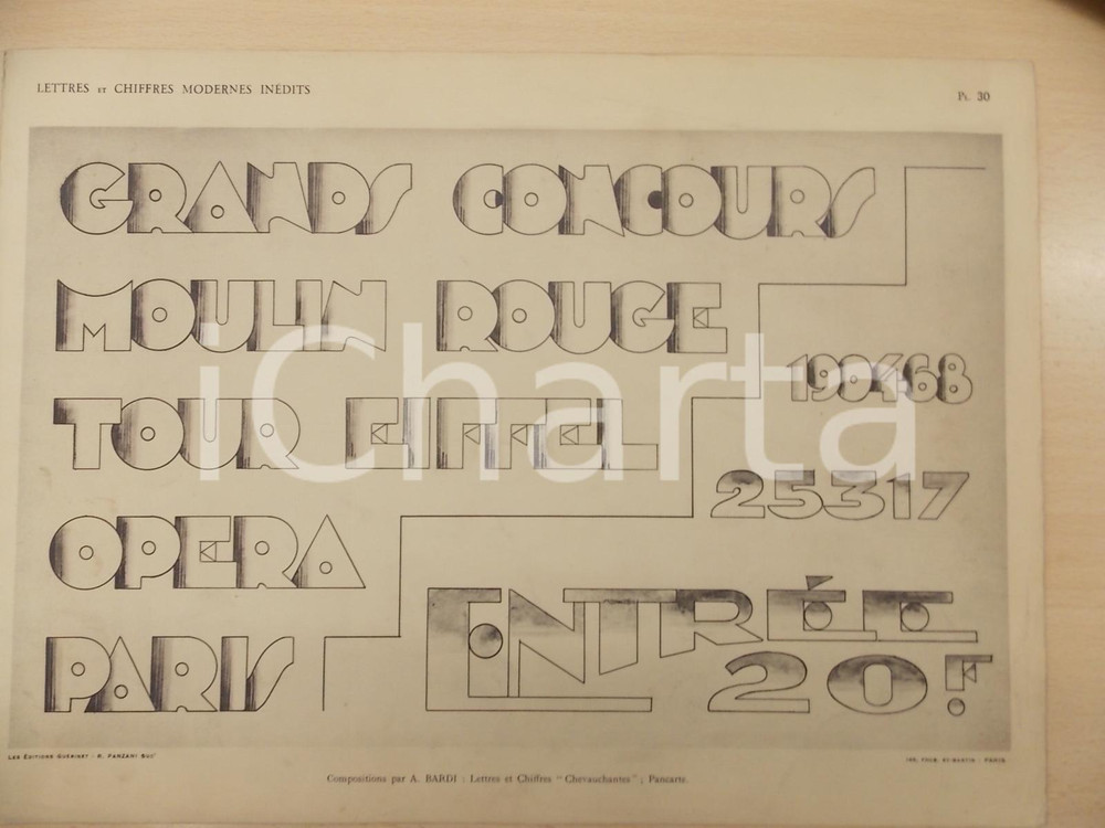 Stampa, bozzetto originale 1931 PANZANI Lettres modernes  Composition A. BARDI  Chevauchantes Pl. 30 1