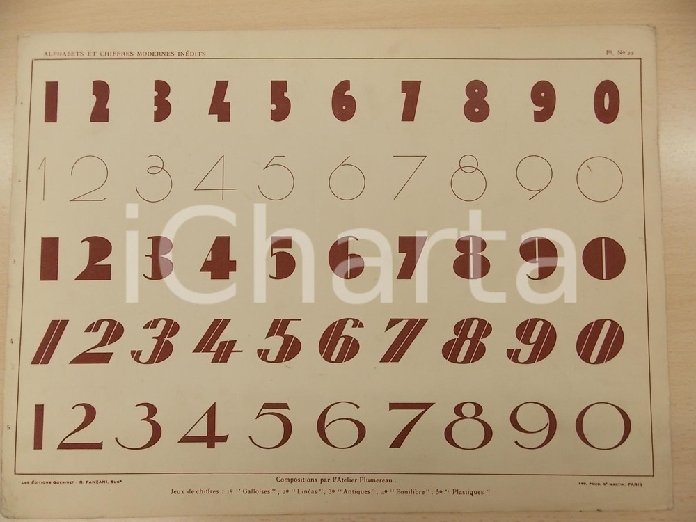 Stampa, bozzetto originale 1931 PANZANI Lettres modernes  Composition PLUMEREAU Jeu de chiffres Pl. 22 1