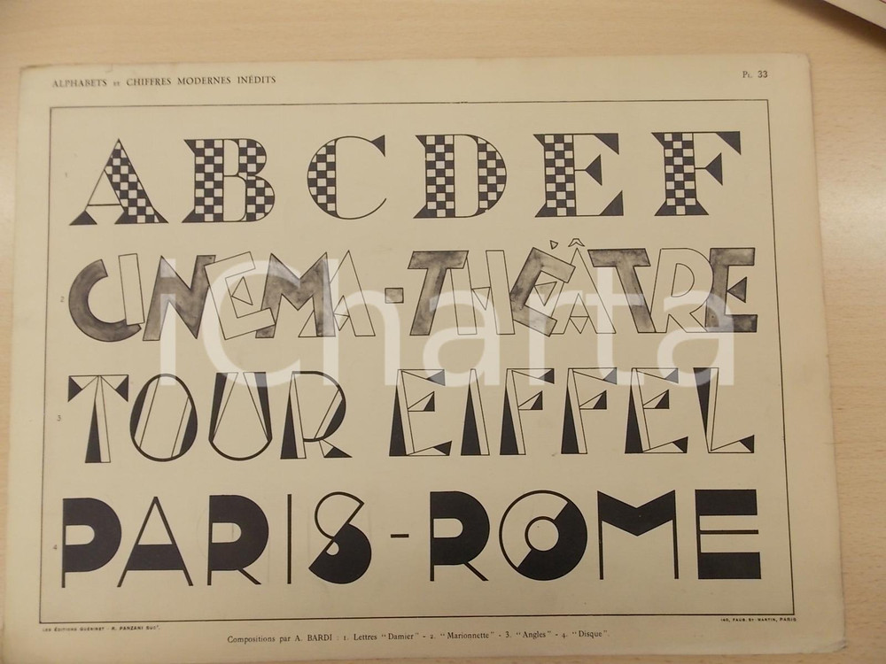 Stampa, bozzetto originale 1931 PANZANI Lettres modernes  Composition A. BARDI  DAMIER  ANGLES Pl. 33 1
