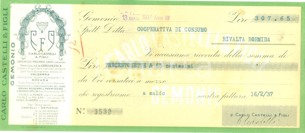 Documento originale, autentico 1937 GEMONIO VA Carlo CASTELLI & Figli Caseificio Ricevuta pubblicitaria 1