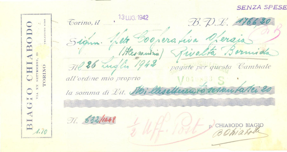 Documento originale, autentico 1942 TORINO Biagio CHIABODO Cioccolato Cambiale pubblicitaria 1