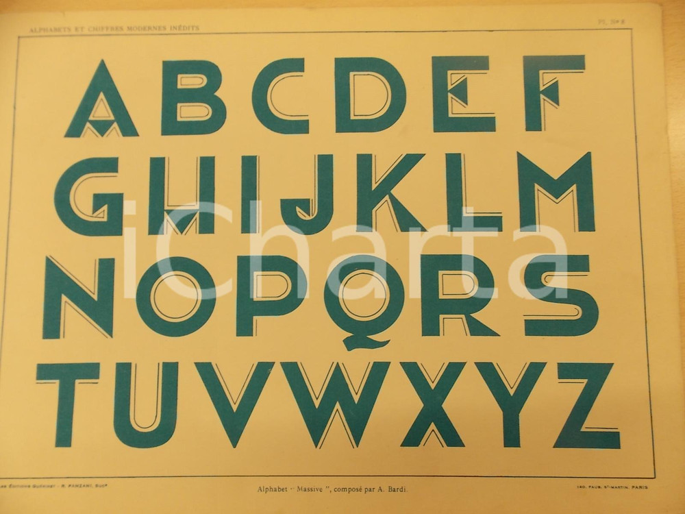 Stampa, bozzetto originale 1931 PANZANI Lettres modernes  Composition A. BARDI  Alphabet MASSIVE Pl. 8 1
