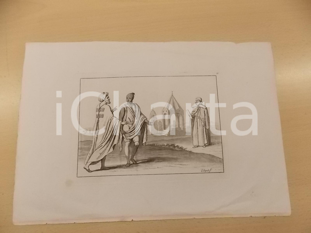 Stampa, bozzetto originale 1800 ca COSTUMI Incontro tra due dignitari in Africa Stampa inc. BIGATTI 1