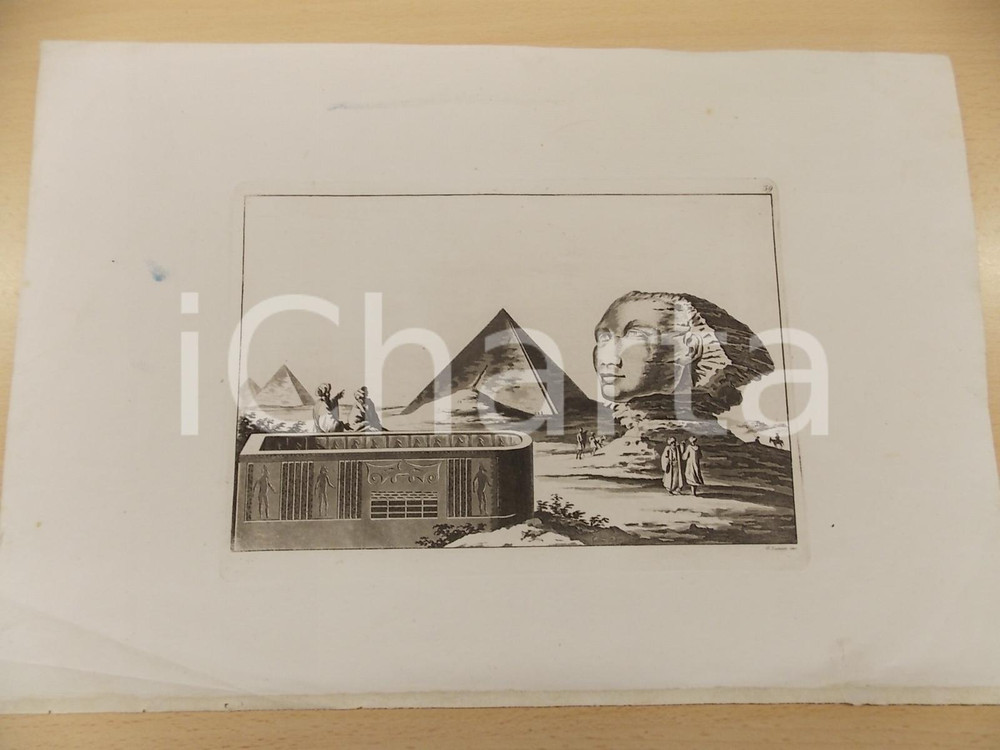 Stampa, bozzetto originale 1800 ca COSTUME ANTICO Visita alla Sfinge di GIZA Stampa inc. ZANCON 36x24 cm 1