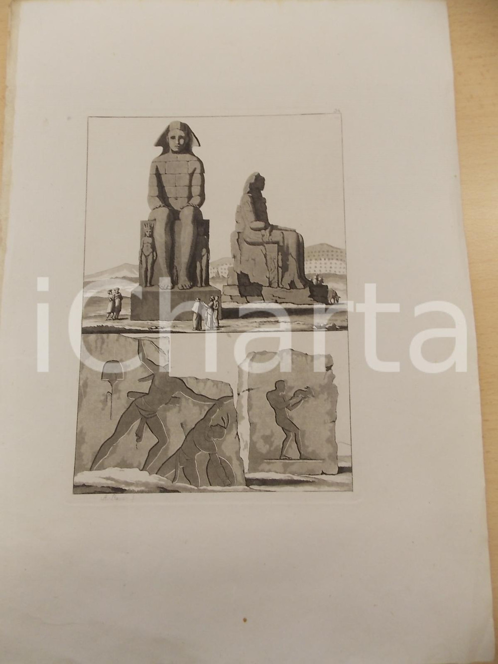 Stampa, bozzetto originale 1800 ca COSTUMI EGITTO Visita ai colossi di MEMNONE Stampa RANCATI 25x37 cm 1