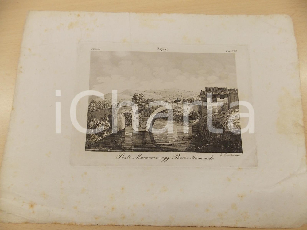 Stampa, bozzetto originale 1850 ca ROMA Ponte MAMMEA oggi PONTE MAMMOLO Stampa CAVALIERI 25x37 cm 1